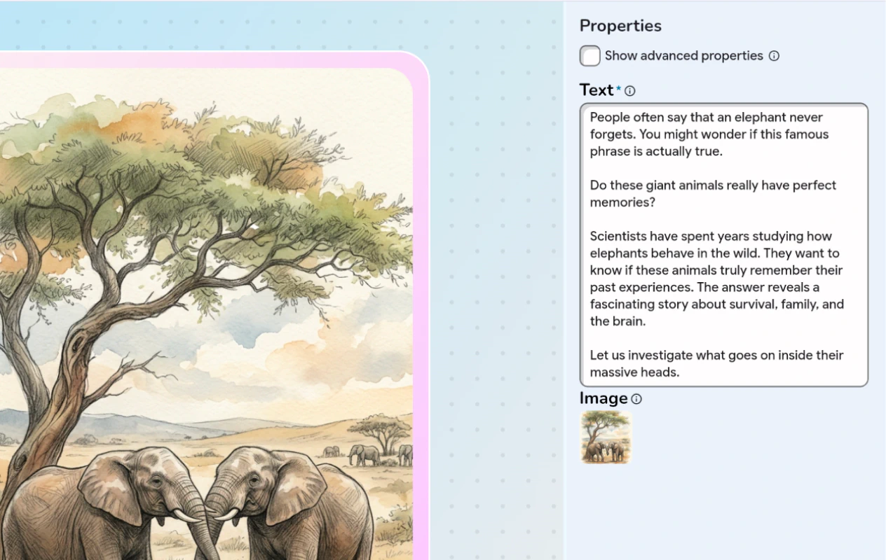 Expedition editor showing an elephant lesson and editable text properties
