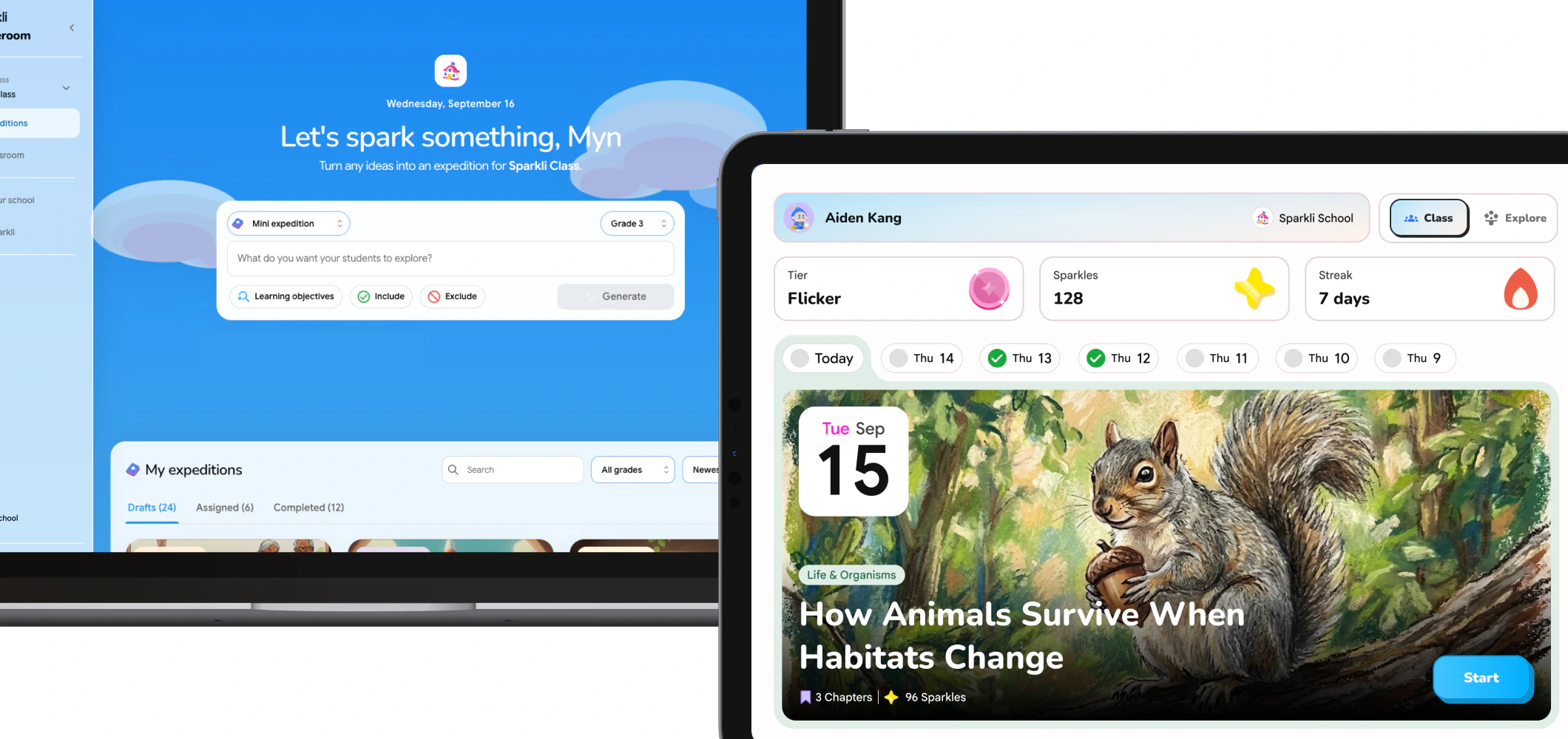 Sparkli Homeroom on a laptop alongside a student expedition on a tablet