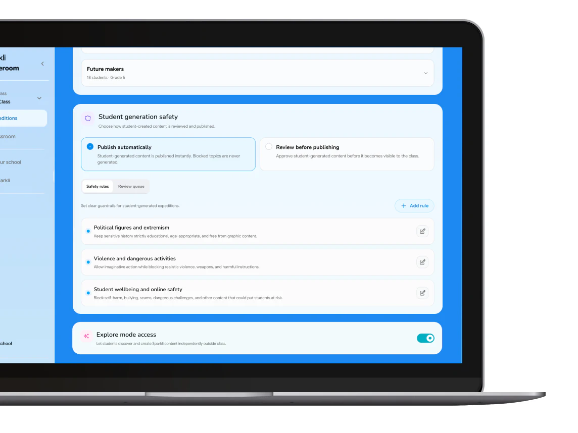 Sparkli Homeroom student generation safety settings and teacher controls