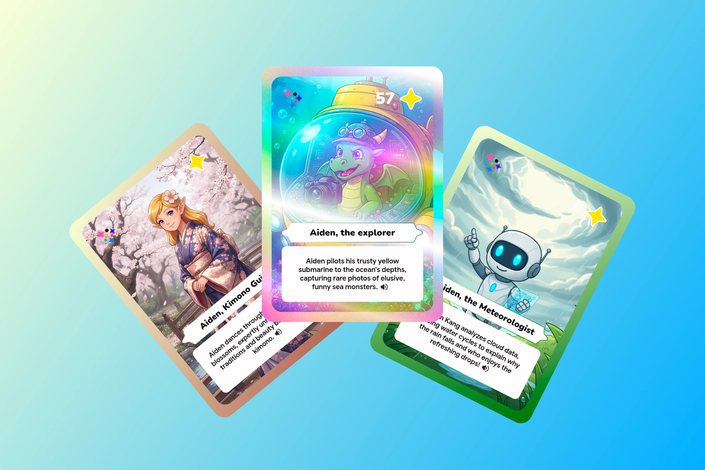 Three colorful Sparkli Quest Cards featuring an explorer, a kimono guide, and a meteorologist